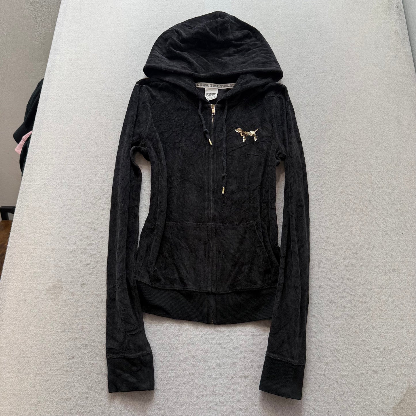 Victoria's Secret PINK Women's Black Velour Zip-Up Hoodie Sequin Logo Y2k Size S