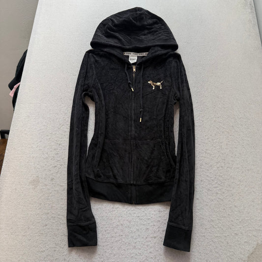 Victoria's Secret PINK Women's Black Velour Zip-Up Hoodie Sequin Logo Y2k Size S