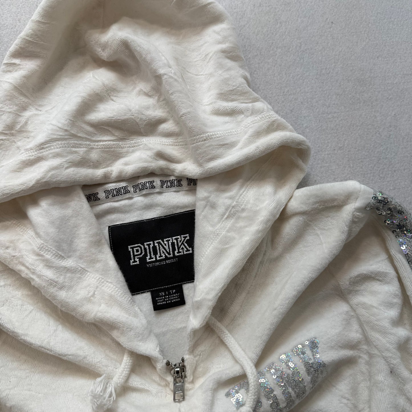 Victoria's Secret PINK Womens Off White Velour Hoodie Silver Sequin Logo Size XS
