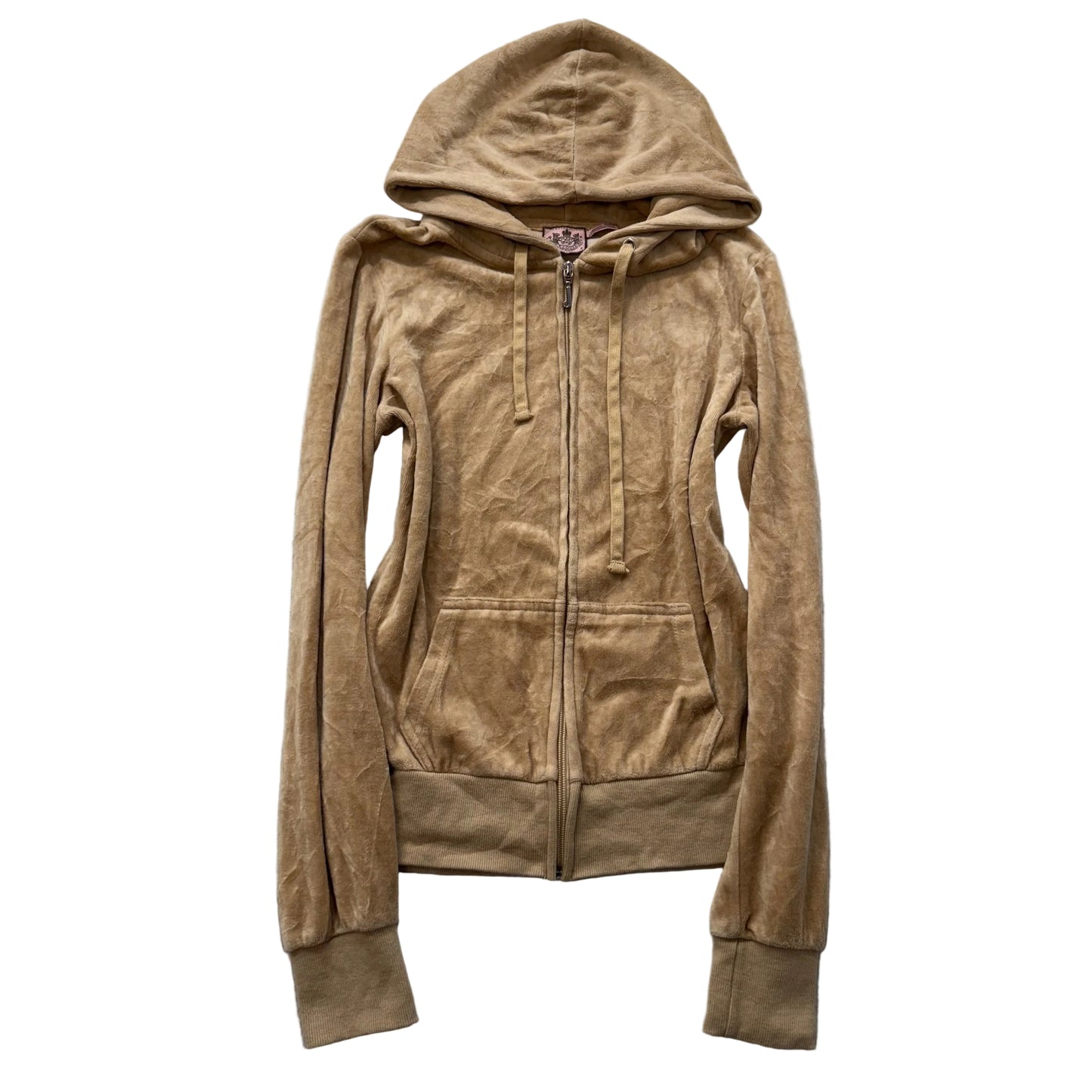 Vintage Juicy Couture Women Tan Velour Full Zip Hoodie Drawstring Pockets Size S