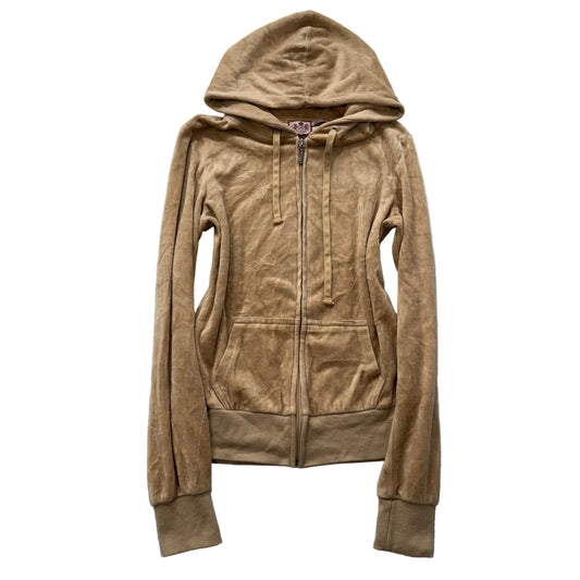 Vintage Juicy Couture Women Tan Velour Full Zip Hoodie Drawstring Pockets Size S
