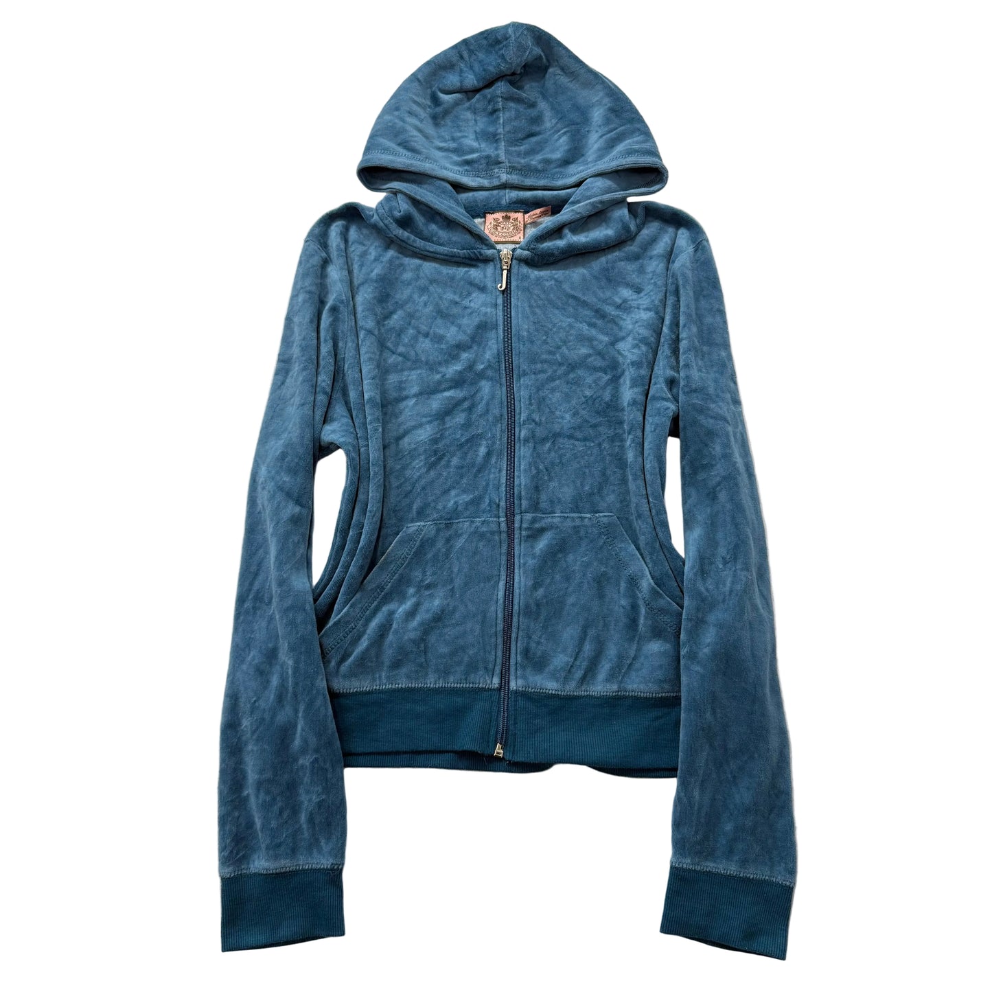 Vintage Juicy Couture Women's Steel Blue Velour Zip-Up Hoodie Pockets Y2k Size S