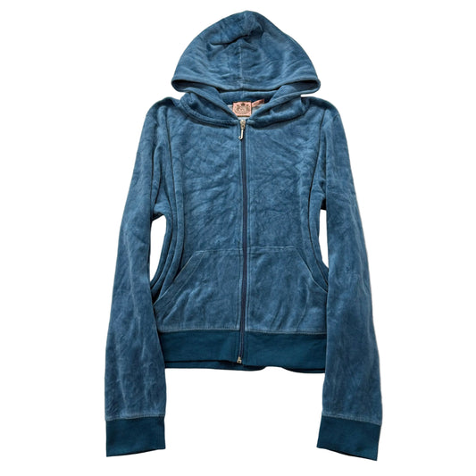 Vintage Juicy Couture Women's Steel Blue Velour Zip-Up Hoodie Pockets Y2k Size S