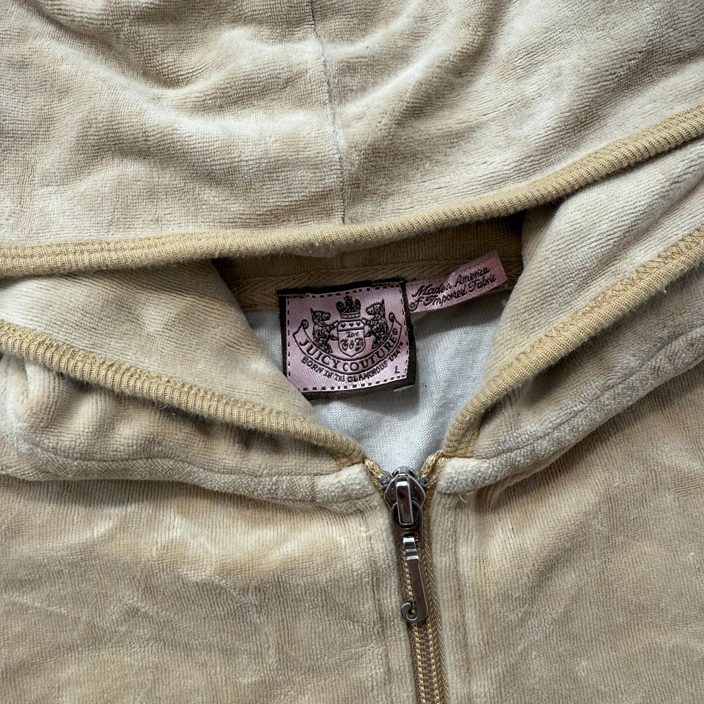 Vintage Juicy Couture Women's Tan Velour Full Zip Hoodie Graphic Logo Y2k Size L