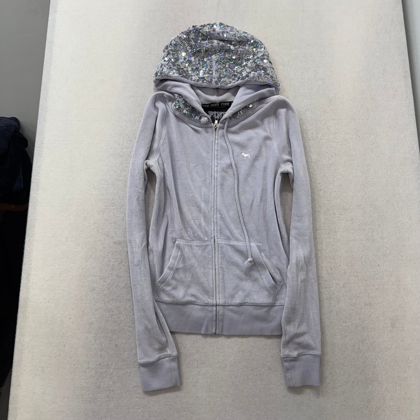 Vintage Victoria’s Secret PINK Gray Velour Sequin Hooded Zip Hoodie Size XS