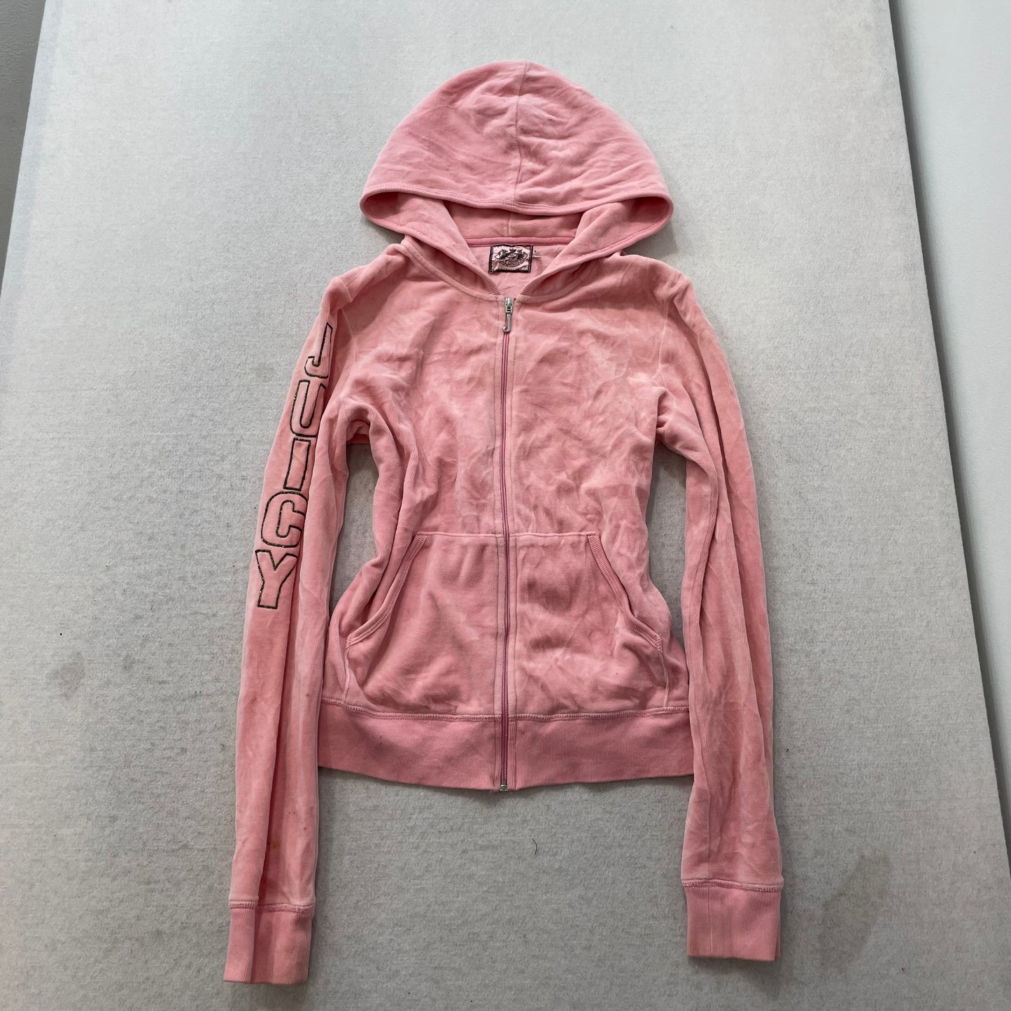 Vintage Juicy Couture Women's Pink Velour Zip Up Hoodie Graphic Logo Y2K Size L