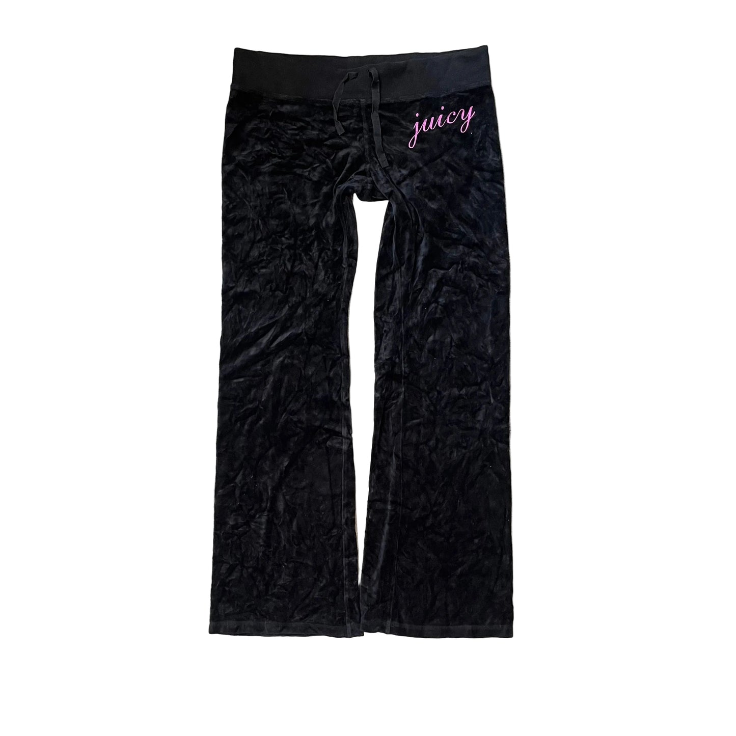 Vintage Juicy Couture Women's Jet Black Velour Wide Leg Track Pant Logo Size L