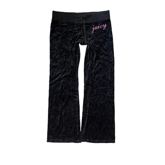 Vintage Juicy Couture Women's Jet Black Velour Wide Leg Track Pant Logo Size L