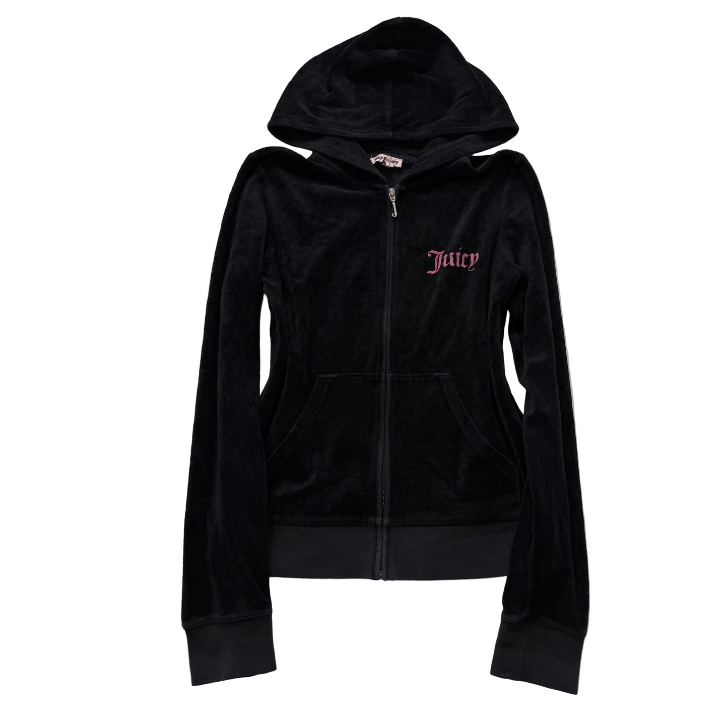 Juicy Couture Women's Jet Black Velour Zip Up Hoodie Kangaroo Pocket Logo Size M
