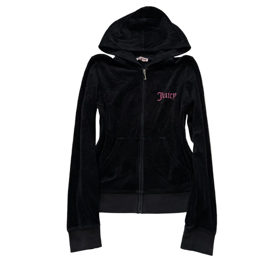 Juicy Couture Women's Jet Black Velour Zip Up Hoodie Kangaroo Pocket Logo Size M