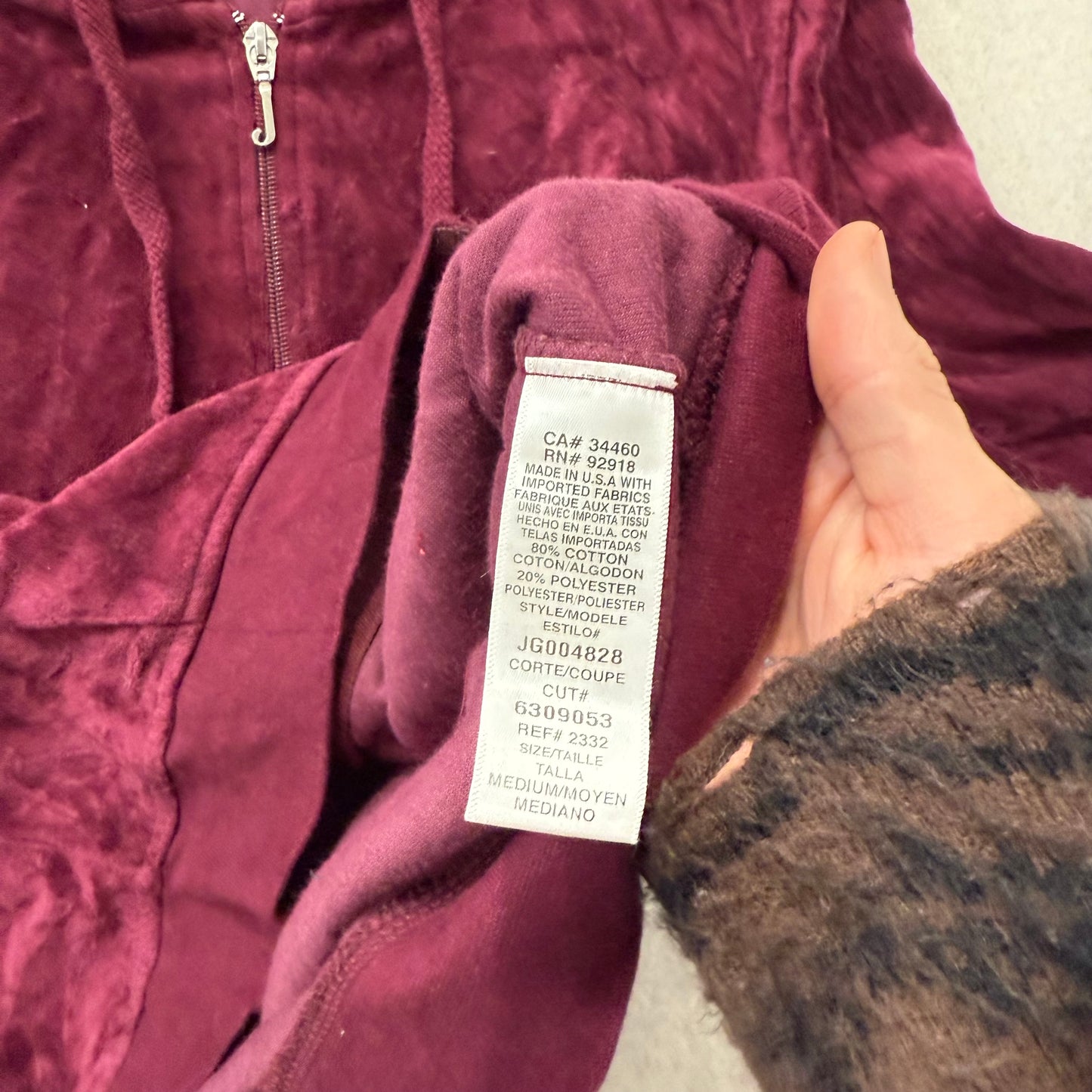 Juicy Couture Women's Maroon Velour Full Zip Hoodie Graphic Logo Preppy Size M