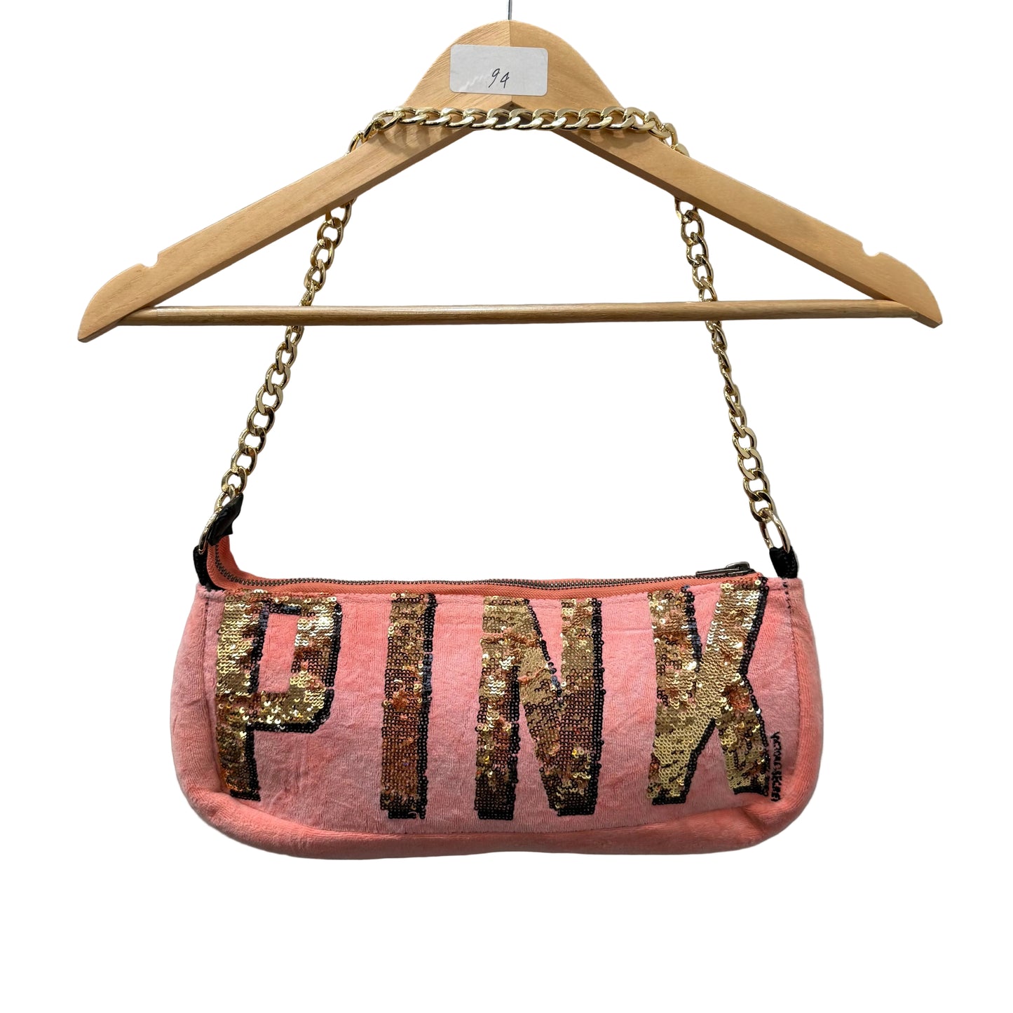 PINK Victoria's Secret Peach Velour Sequin Gold Chain Strap Shoulder Bag Size XS