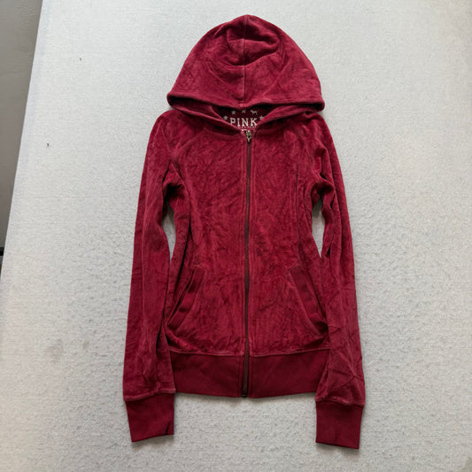 PINK Victoria's Secret Women's Maroon Velour Zip-Up Hoodie Casual Logo Size XS