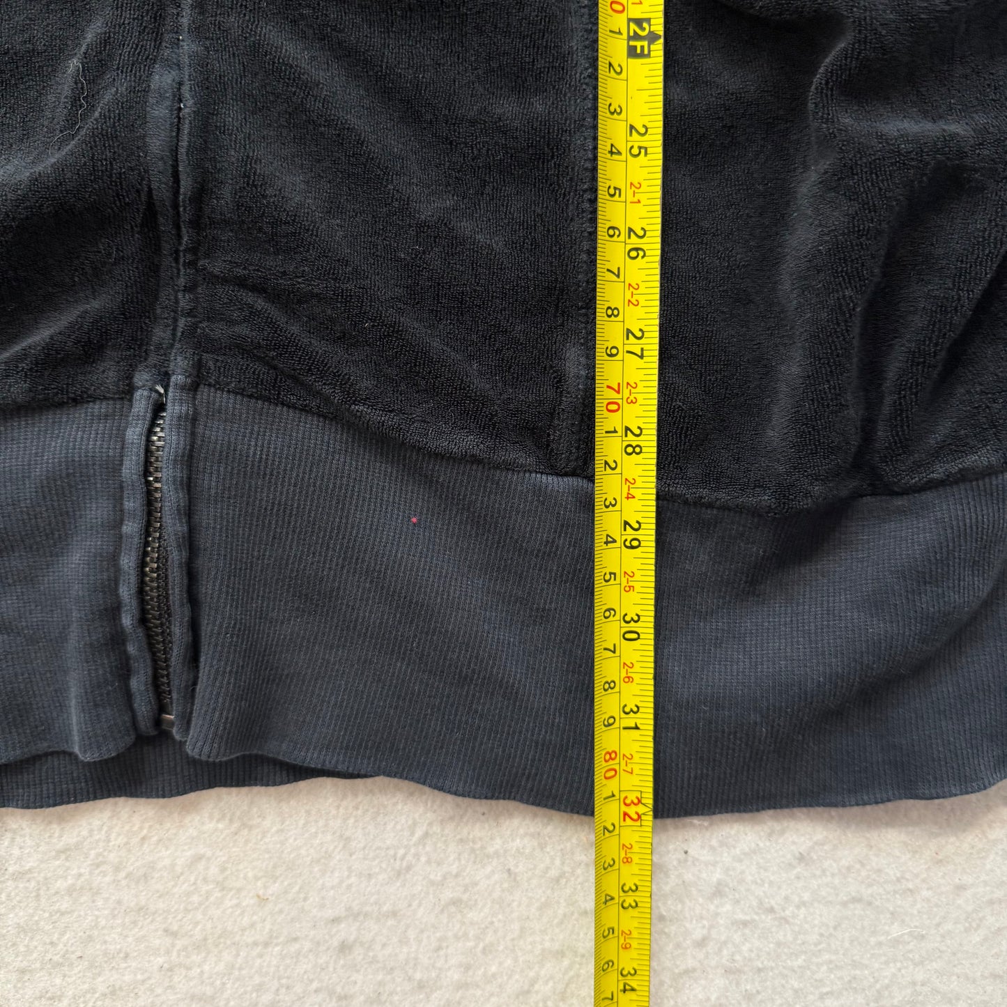 Vintage Juicy Couture Womens Black Terry Cloth Zip-Up Long Hoodie Pockets Size L