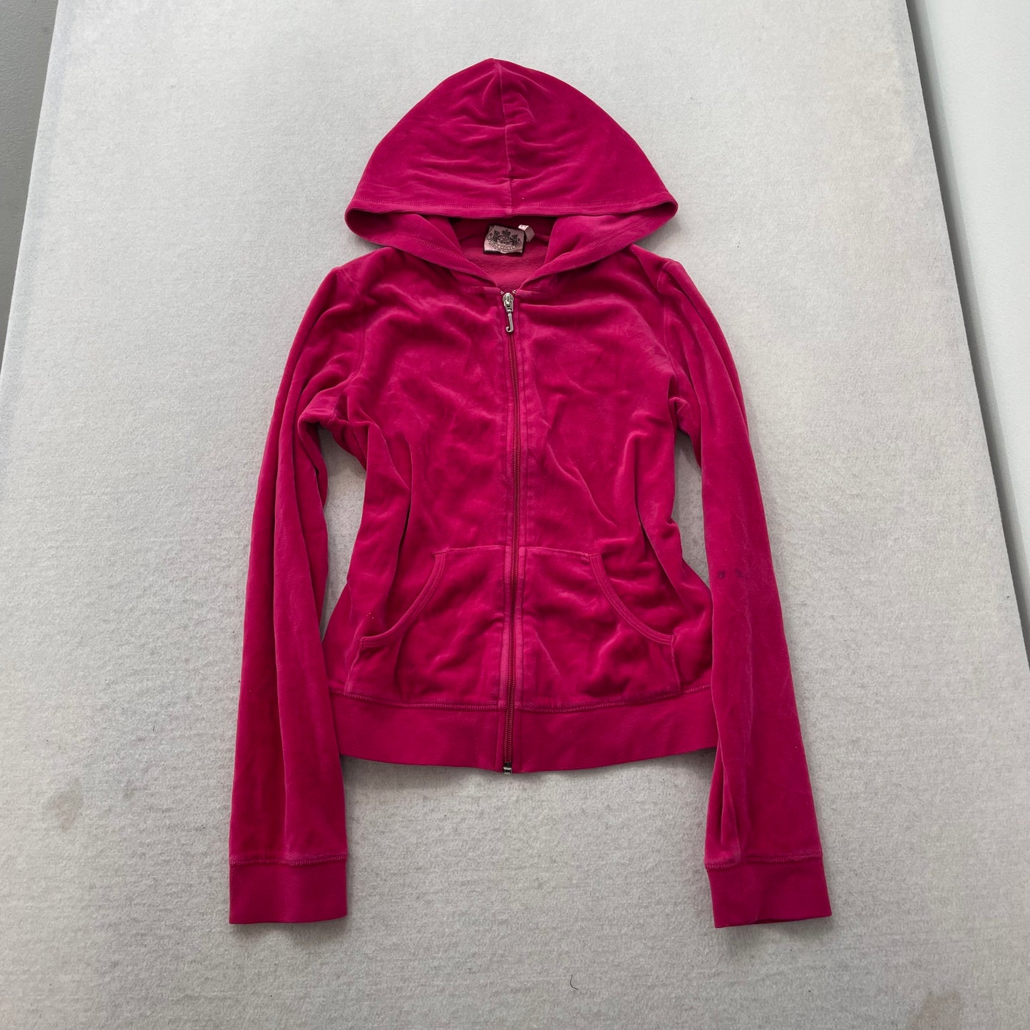 Juicy Couture Women's Raspberry Velour Zip Up Hoodie Rhinestones Logo Y2K Size M