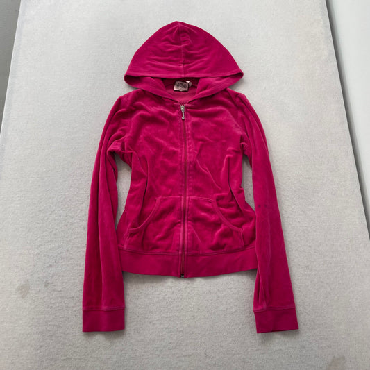 Juicy Couture Women's Raspberry Velour Zip Up Hoodie Rhinestones Logo Y2K Size M