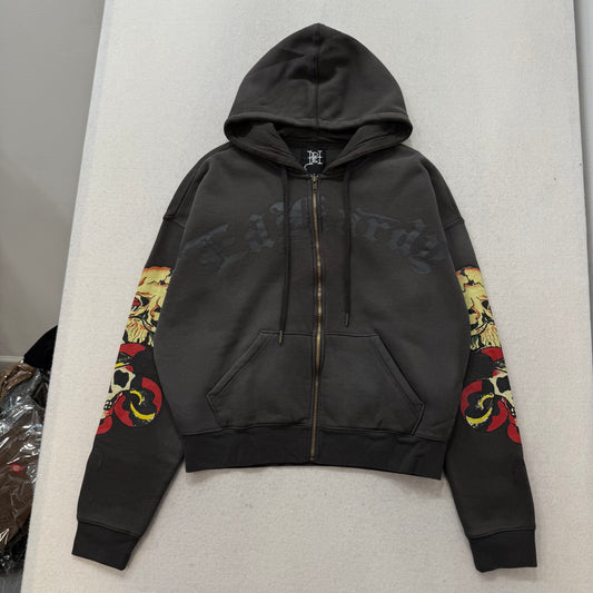 ED HARDY “Skulls” CHARCOAL SUNFADED BOXY ZIP UP HOODIE