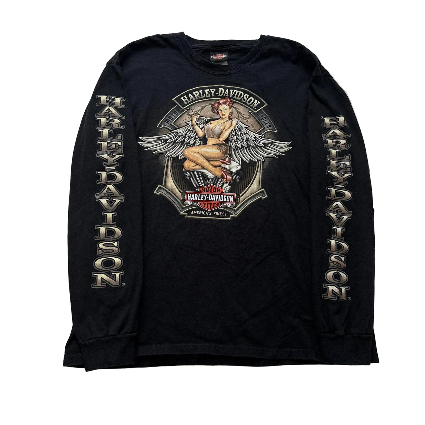 Harley-Davidson Pinup Winged Angel Girl Men's Black Long Sleeve T-Shirt Size L