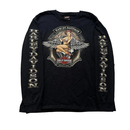Harley-Davidson Pinup Winged Angel Girl Men's Black Long Sleeve T-Shirt Size L