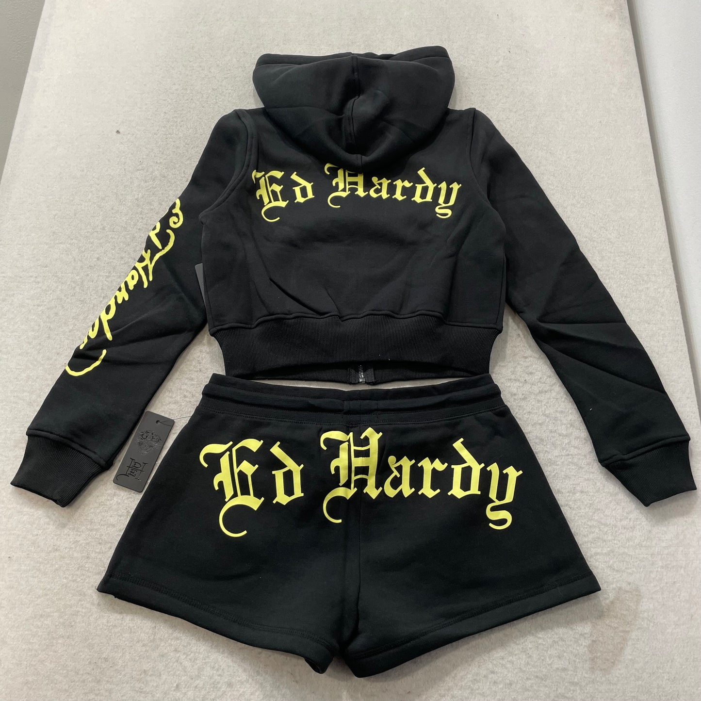 Ed Hardy Bumblebee Women's Black Fleece Graphic Cropped Hoodie & Shorts Set - M