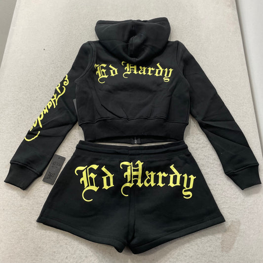 Ed Hardy Bumblebee Women's Black Fleece Graphic Cropped Hoodie & Shorts Set - M