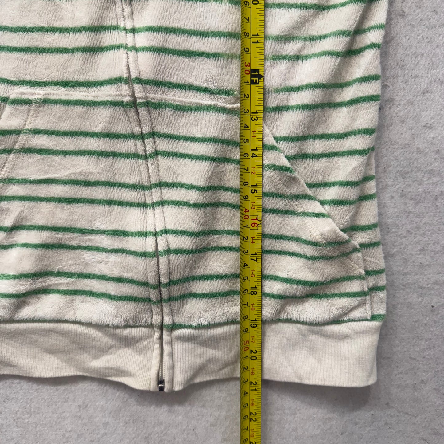 Juicy Couture Women's Cream Green Striped Terrycloth Zip Up Hoodies Logo Size M