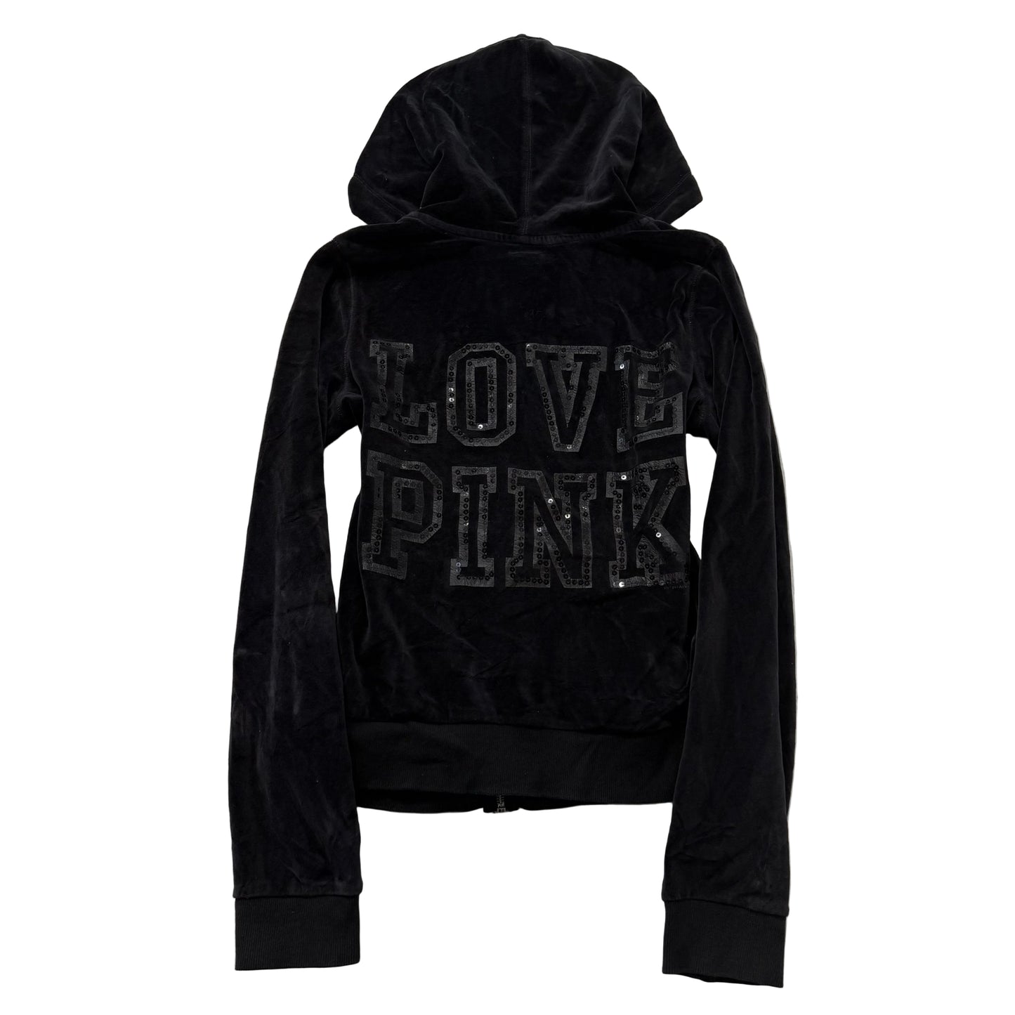 Victoria's Secret PINK Womens Charcoal Velour Full Zip Hoodie Sequin Logo Size L