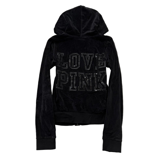 Victoria's Secret PINK Womens Charcoal Velour Full Zip Hoodie Sequin Logo Size L