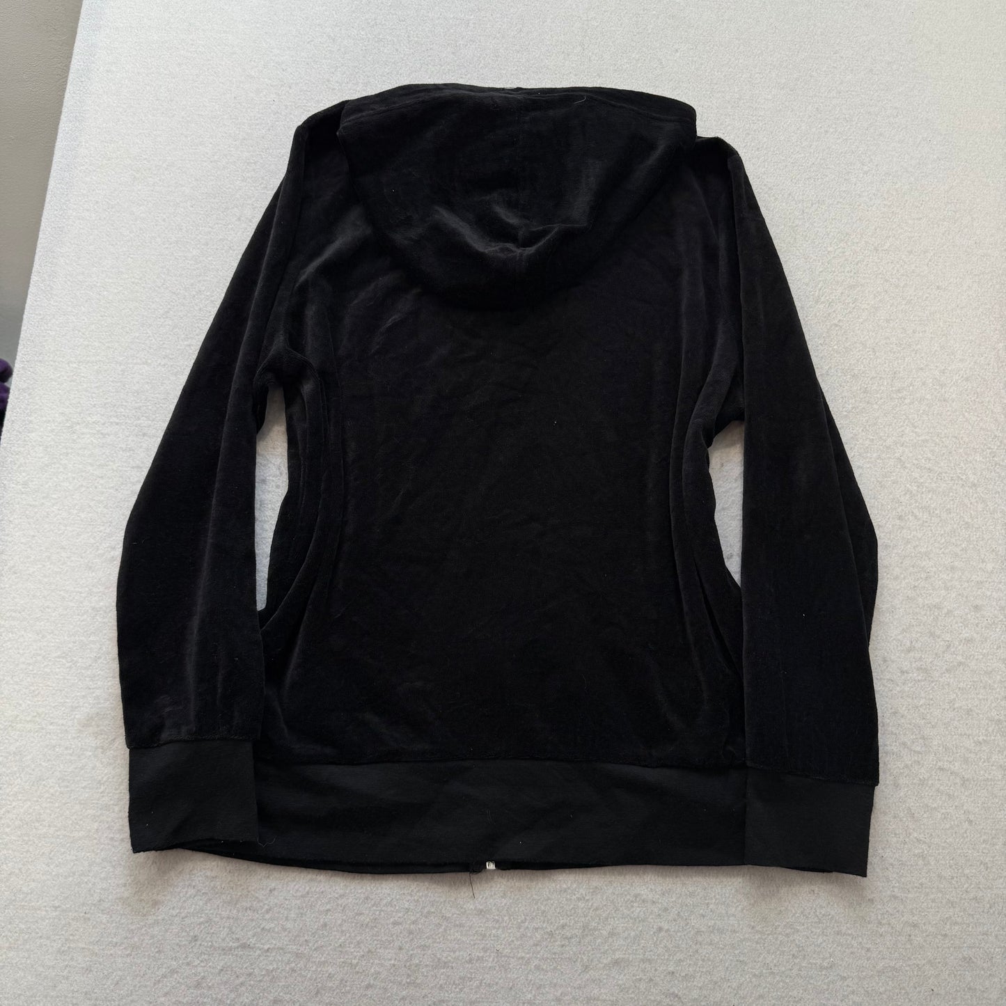Juicy Couture Women's Black Velour Full Zip Hoodie Drawstring Pockets Y2k Size M