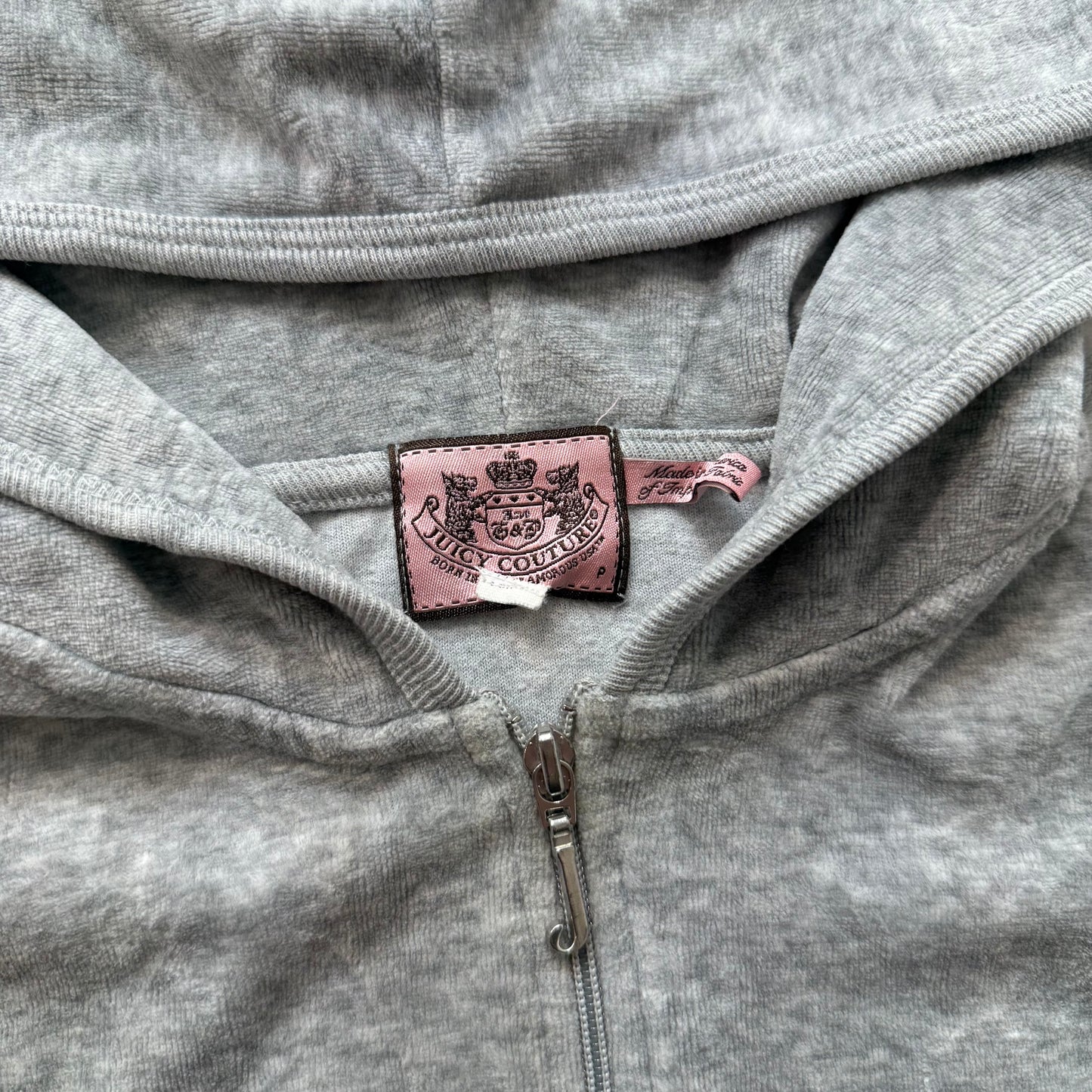 Juicy Couture Gray Velour Zip Up Hoodie Long Sleeves Slash Pockets Size P
