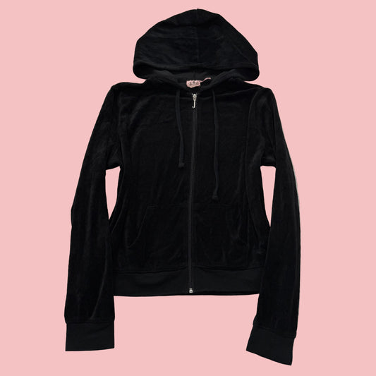 Juicy Couture Women's Black Velour Zip-Up Hoodie Loungewear Y2k Pockets Size XL