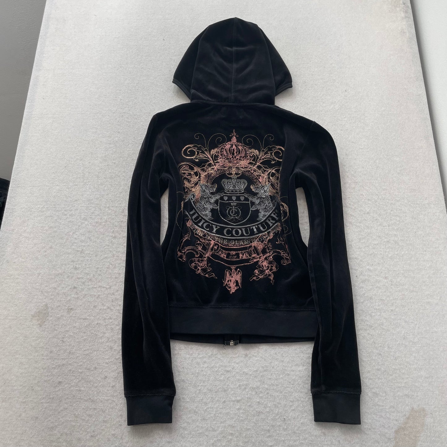 Vtg Juicy Couture Black Velour Tracksuit Set Graphic Hoodie & Track Pant - L/M