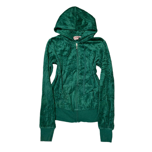 Vintage Juicy Couture Women's Dark Green Velour Zip-Up Hoodie Drawstring Size S