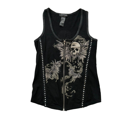 Los Angeles Bus Stop Women's Black Zip Up Tank Top Skull Studs Graphic Size S