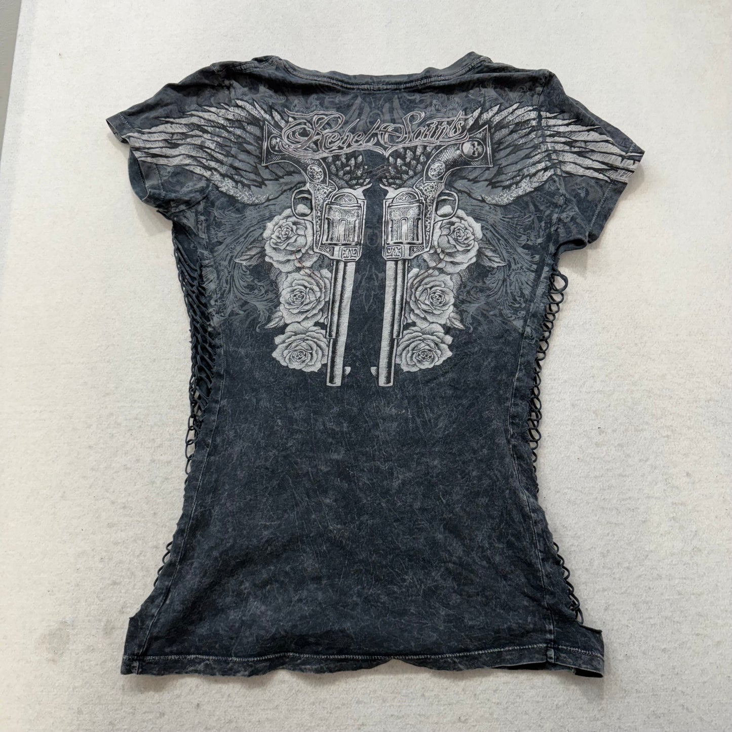 Rebel Saints Women's Charcoal Shirt Short Sleeve Braided Side Graphic Tee Size L