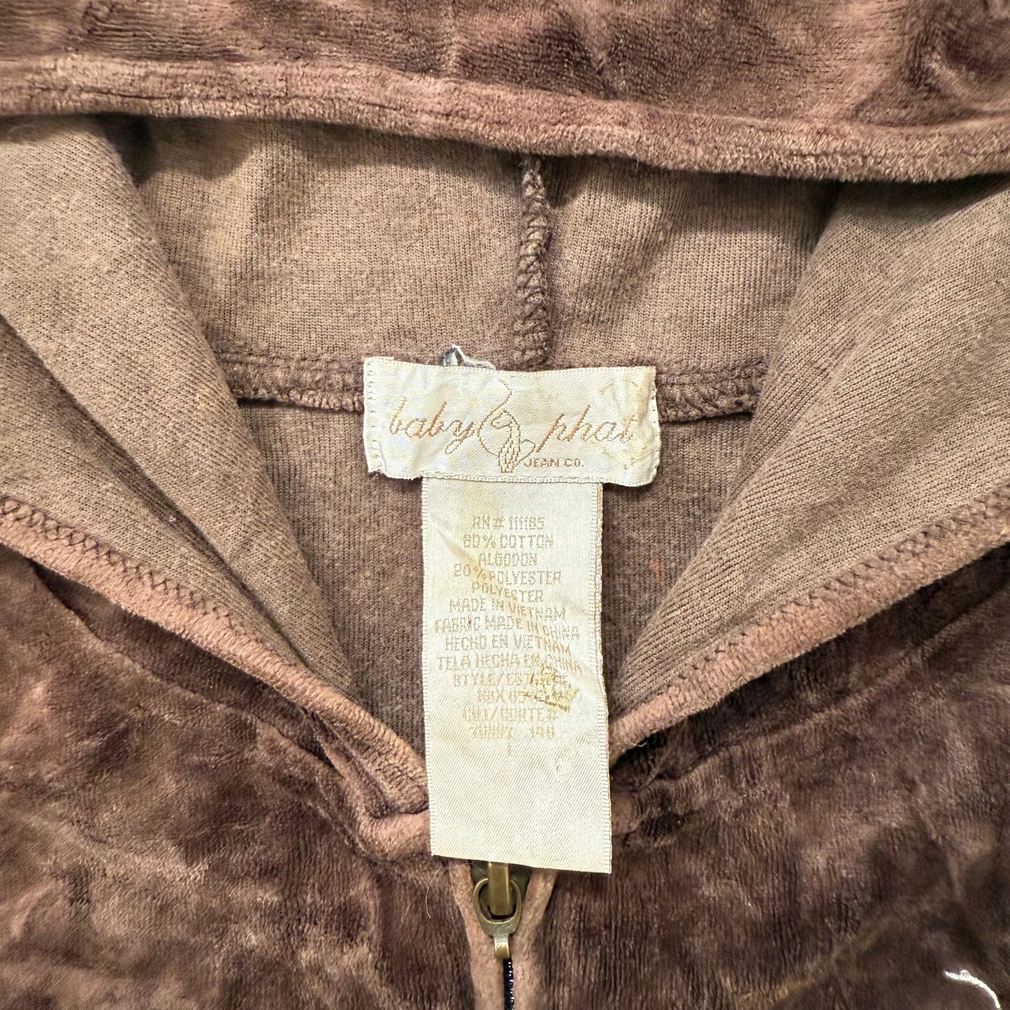 Vintage Baby Phat Womens Dark Brown Velour Zip Up Hoodie Embroidered Logo Size L