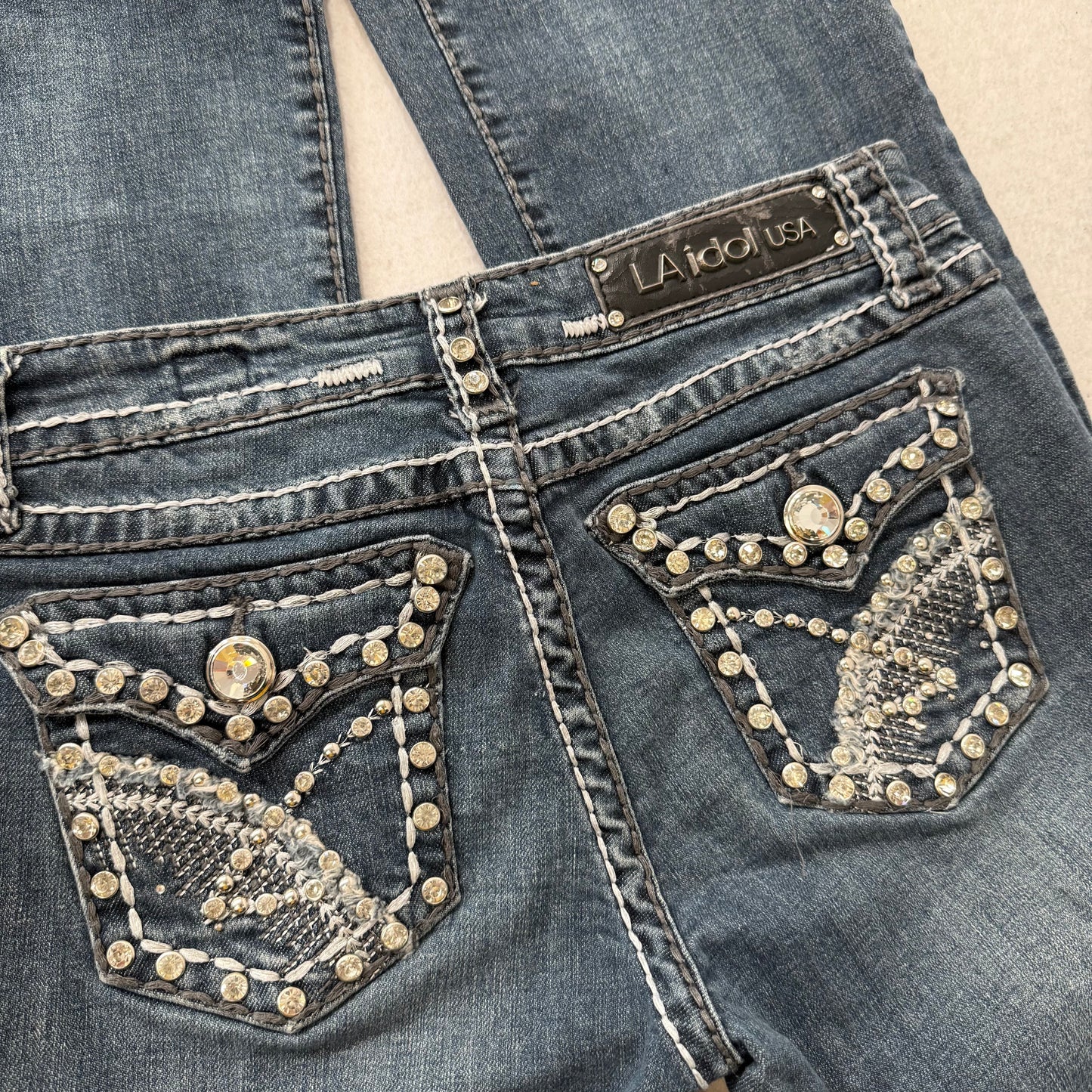 LA Idol Women's Dark Blue Denim Bootcut Jeans Rhinestone Back Flap Pocket Size 7