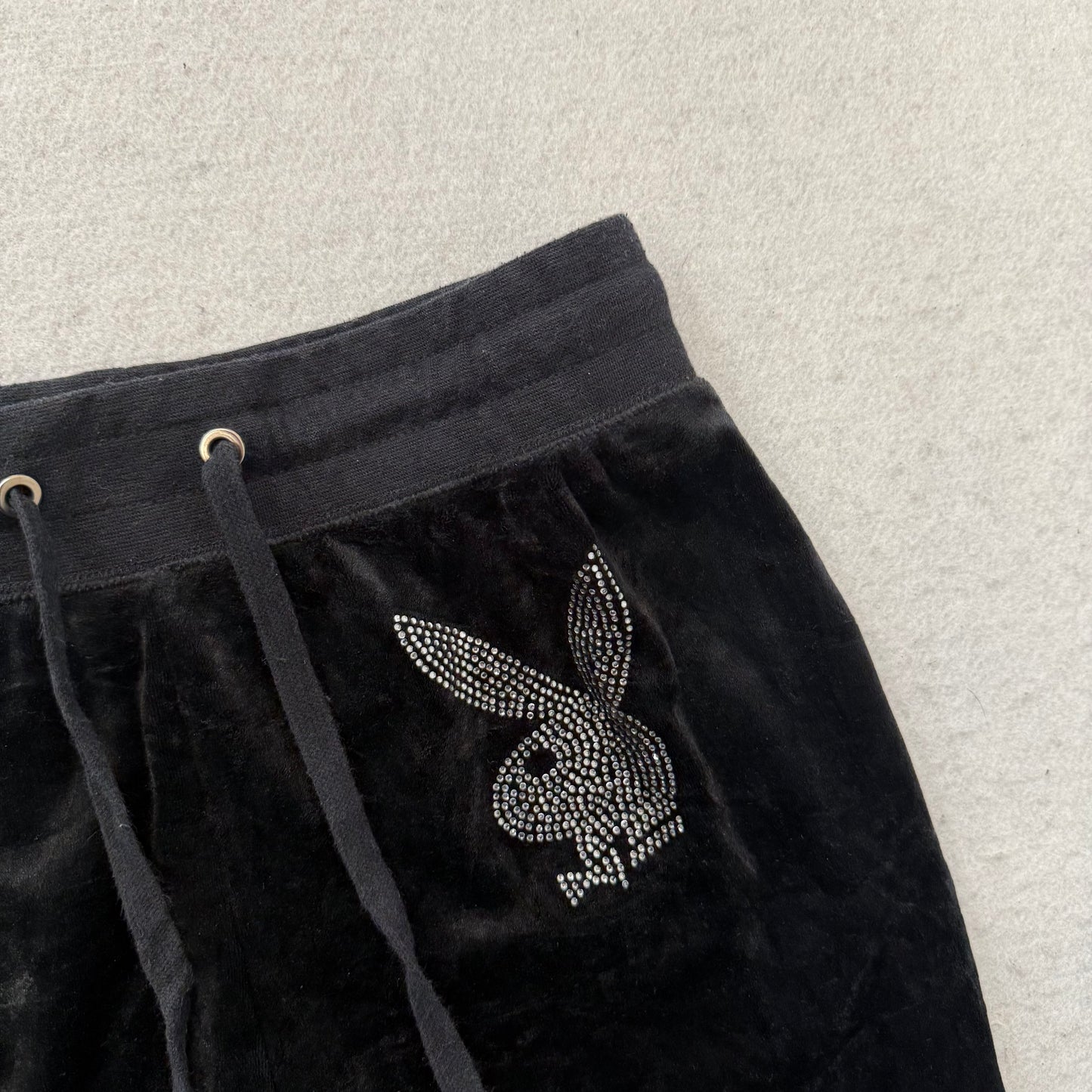 Playboy Women's Black Velour Flare Track Pant Drawstring Rhinestone logo Size XS
