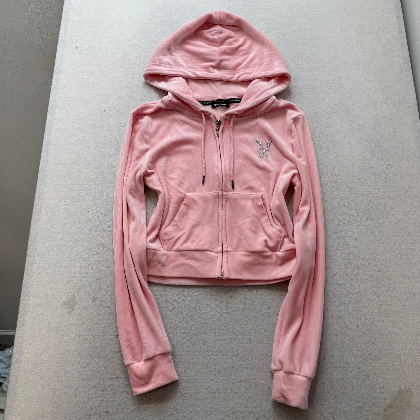 Playboy Womens Pink Velour Zip Up Cropped Fit Hoodie Rhinestones Logo Y2K Size M