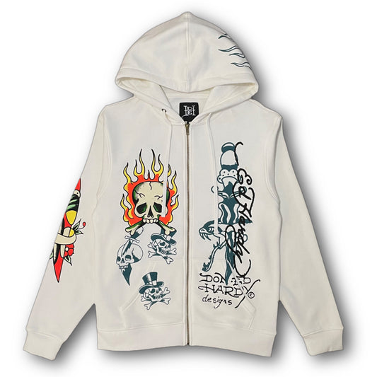 ED HARDY “flaming skull” WHITE ZIP UP HOODIE - Clean Curriculums 