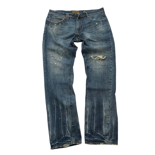 Akoo Brand Men's Blue Straight-Leg Distressed Ripped Knee Denim Jeans Size 36