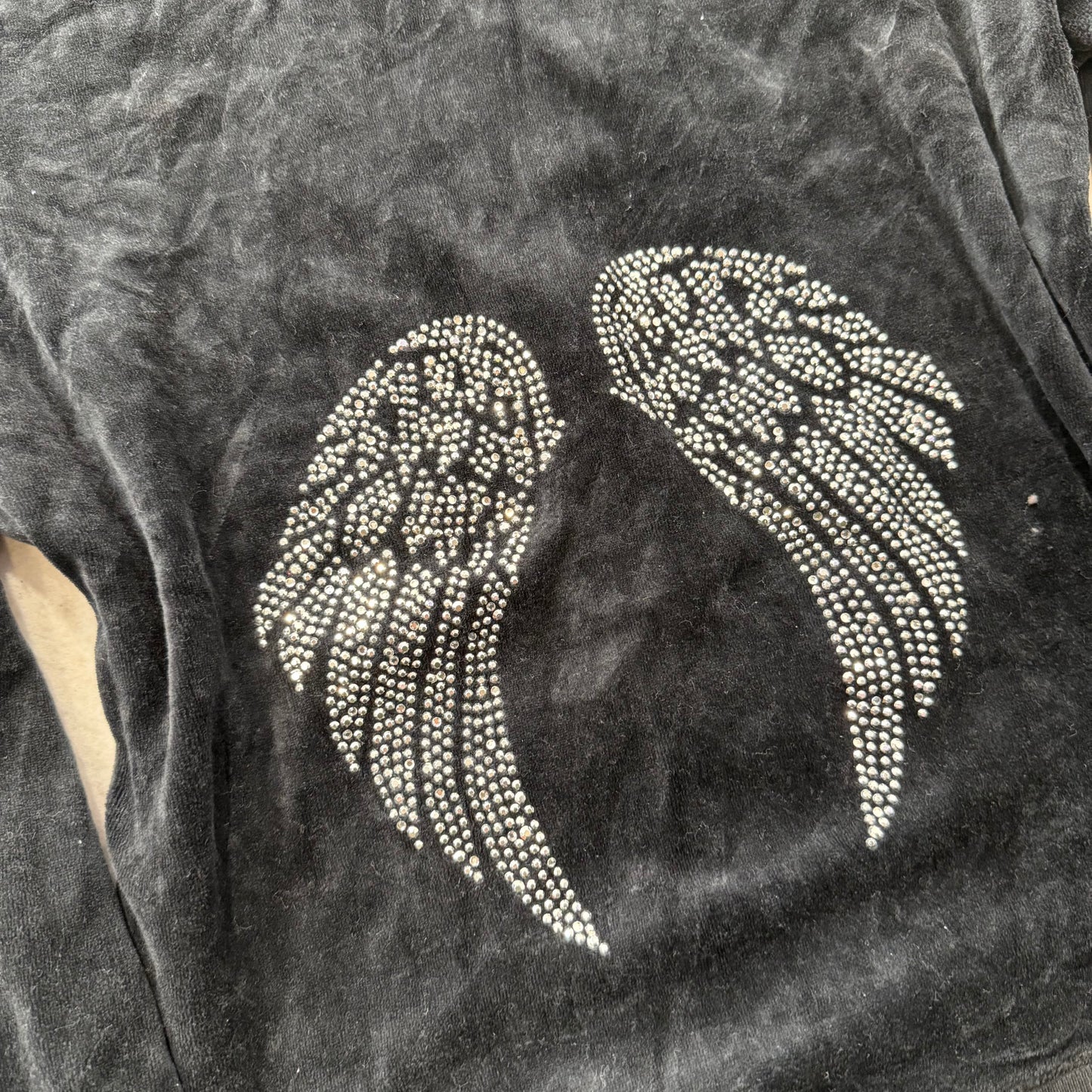 Pink Rose Women's Black Velour Zip Up Hoodie Rhinestones Angel Wings Y2K Size L
