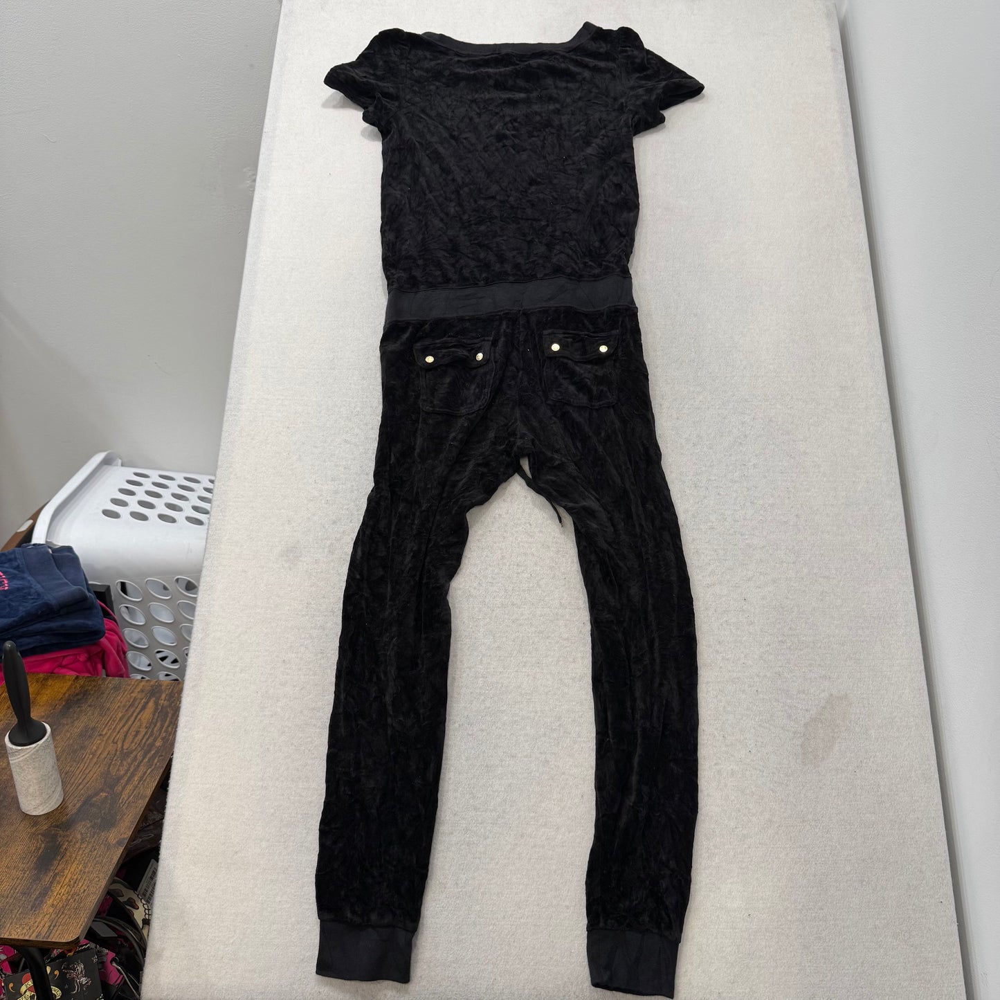 Juicy Couture Women's Black Velour Jumpsuit Set Short Sleeve Drawstring Size S