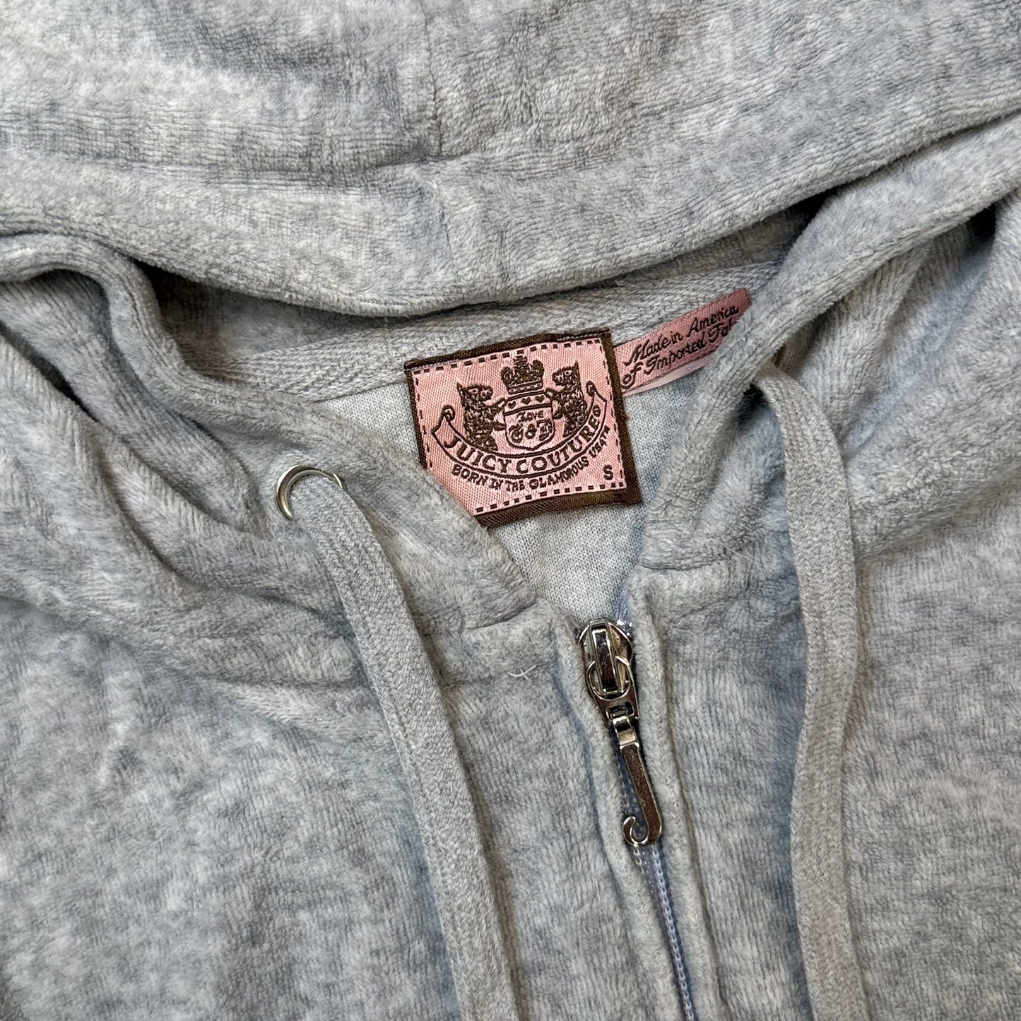 Vintage Juicy Couture Womens Heather Gray Velour Zip-Up Hoodie Drawstring Size S