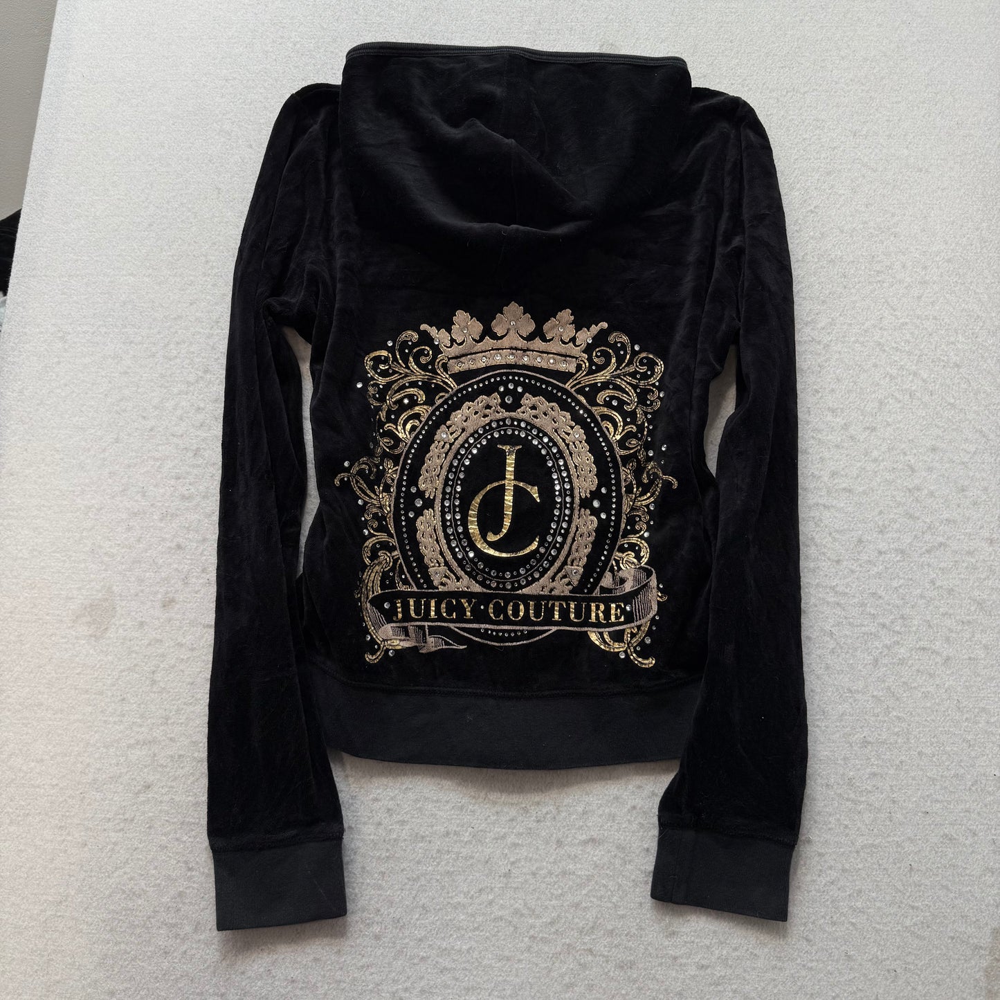 Juicy Couture Black Velour Tracksuit Set Hoodie & Pant Rhinestones Crown Size XL