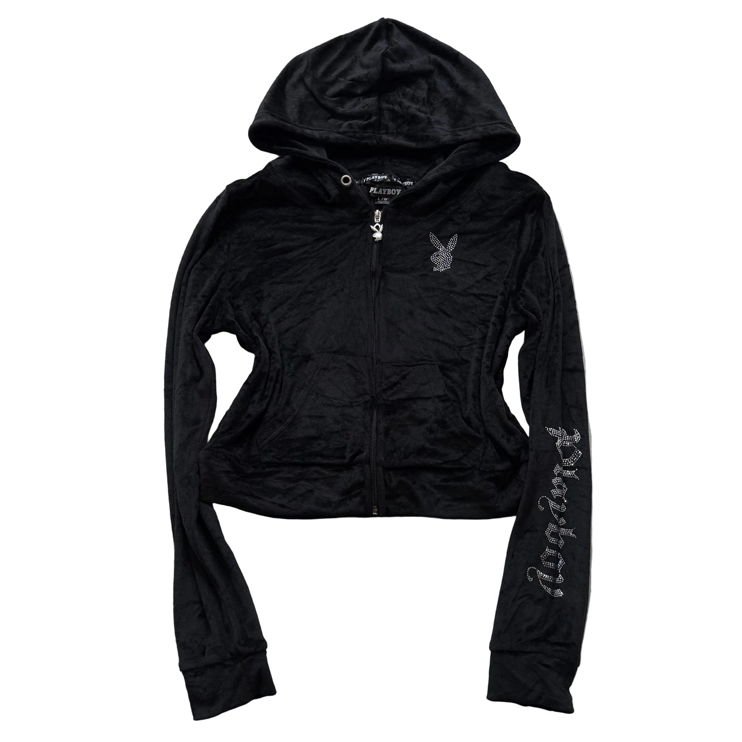 Playboy Women's Black Velour Full Zip Cropped Hoodie Rhinestone Logo Y2K Size L