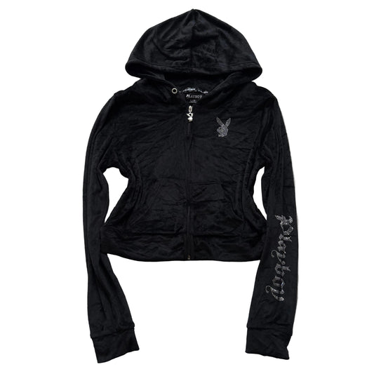 Playboy Women's Black Velour Full Zip Cropped Hoodie Rhinestone Logo Y2K Size L