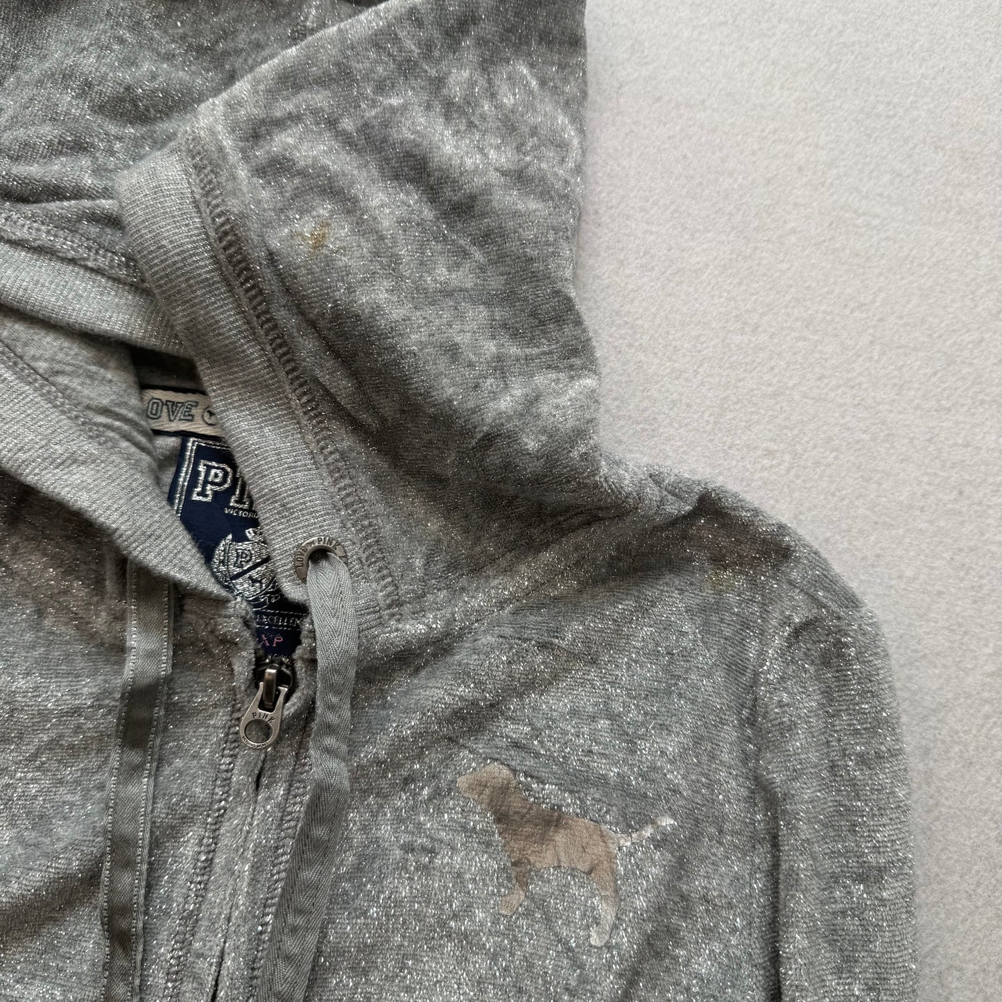 Victoria's Secret PINK Women's Gray Velour Zip-Up Hoodie Heart Sequin Size XS