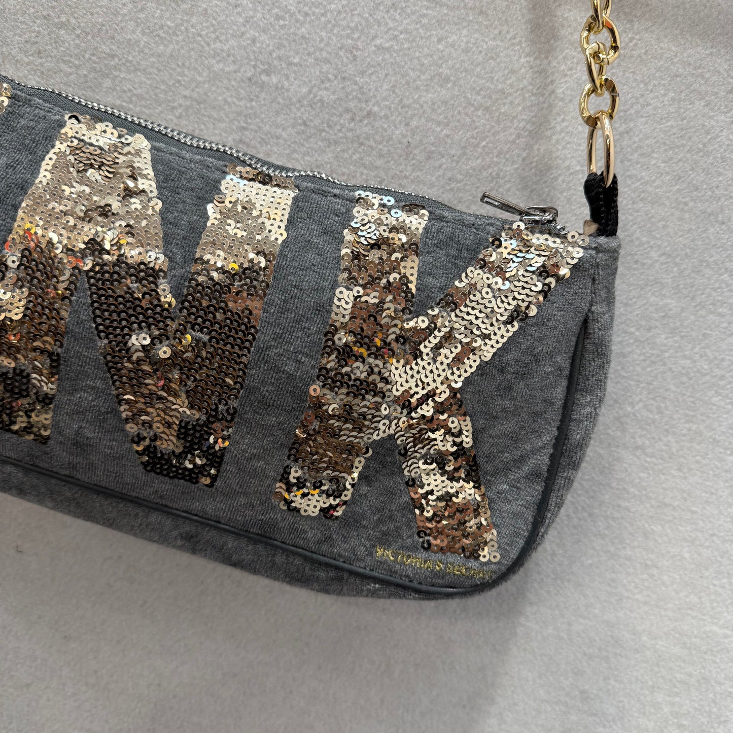Victoria's Secret PINK Gray Velour Sequin Gold Chain Strap Shoulder Bag Size L
