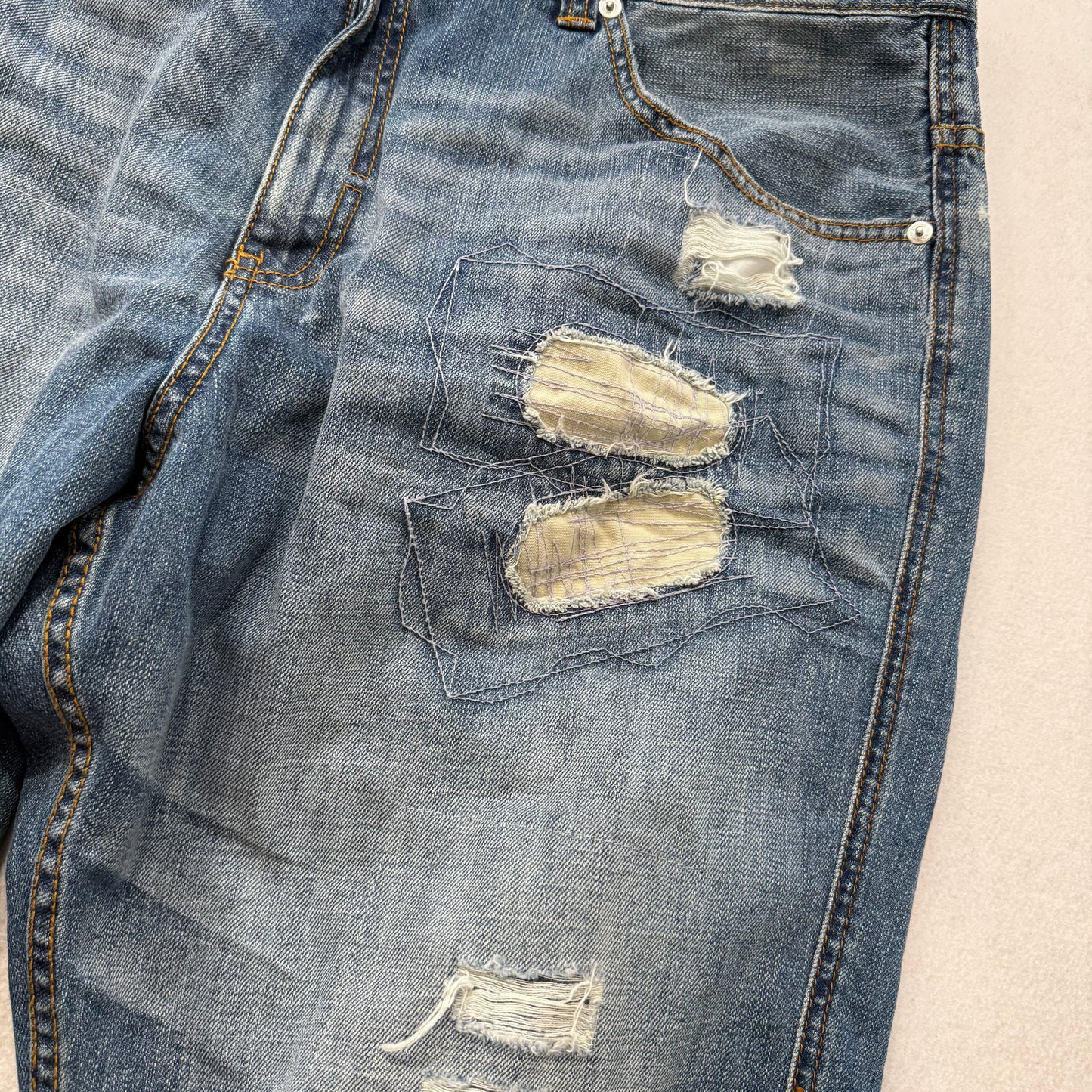 Rocawear Men’s Blue Denim Baggy Original Fit Jeans Distressed Patched Y2K Size 42
